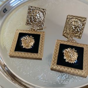 Black & Gold Square Lion Earrings